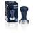De'Longhi coffee tamper with a blue wooden handle and a stainless steel base, in its original packaging