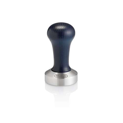 De'Longhi coffee tamper with a blue wooden handle and a stainless steel base