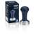 De'Longhi coffee tamper with a blue wooden handle and a stainless steel base, in its original packaging
