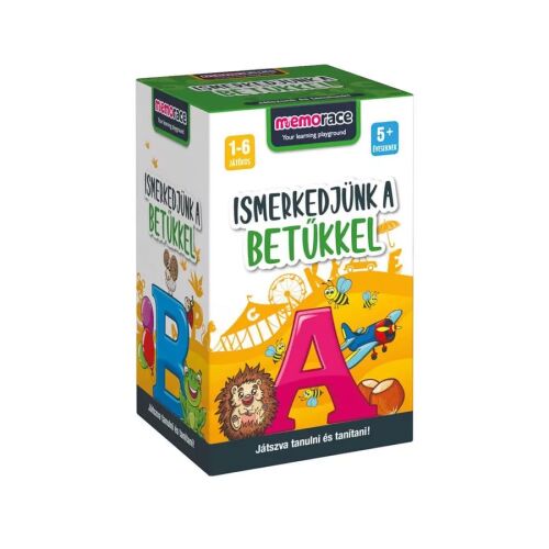 Memorace Ismerkedjünk a betűkkel társasjáték doboza, betűtanulás sündisznóval és méhekkel illusztrációval, 5 éves kortól - Játék