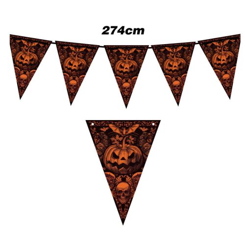 Gótikus tök papír zászlófüzér, 274 cm, Halloween parti dekorációhoz rémisztő tök és koponya motívumokkal - Otthon és kert