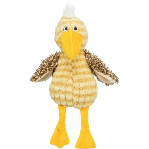 Trixie sárga csíkos madár plüss kutyajáték, 38cm, sípolóval, elölnézet fehér háttérrel - Kutyajáték