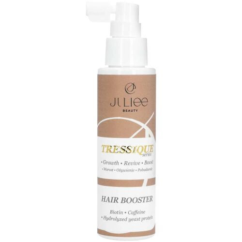 Elölnézetből a Juliee Beauty Hairbooster üvege, biotinnal, koffeinnel és hidrolizált élesztőfehérjékkel a hajnövekedésért, fejbőr ápolására szolgáló termék - Hajkúra