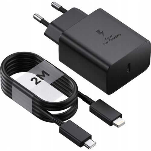Koanni 45W PD fali töltő és 200 cm USB-C Lightning kábel, fekete, kicsomagolva fehér háttéren - Töltő, töltőkábel és egyéb kábel