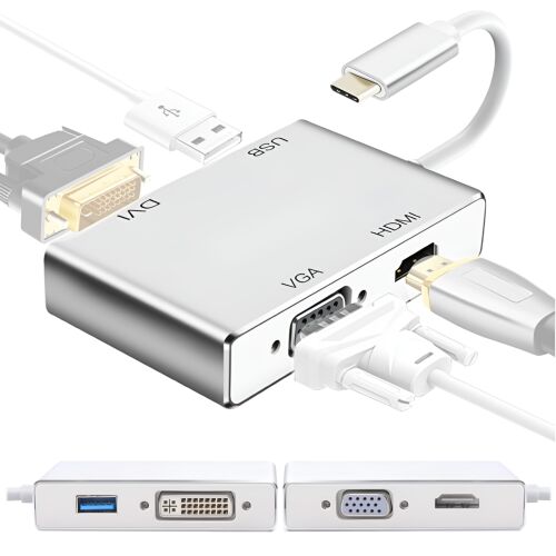 Kollázskép a 4 az 1-ben USB C adapterről, különböző kábelekkel csatlakoztatva a HDMI, VGA, DVI és USB portjaihoz, valamint közelképek a DVI és VGA/HDMI oldalakról. - Átalakító