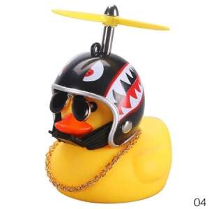 Rață de cauciuc galbenă cu o cască neagră, ochelari de soare și o elice deasupra, claxon de bicicletă și lumină, marca Csibész - Lumini biciclete