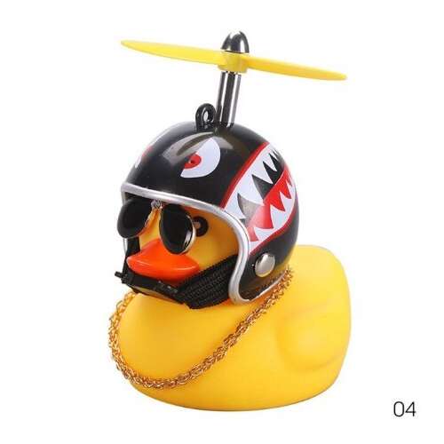 Rață de cauciuc galbenă cu o cască neagră, ochelari de soare și o elice deasupra, claxon de bicicletă și lumină, marca Csibész