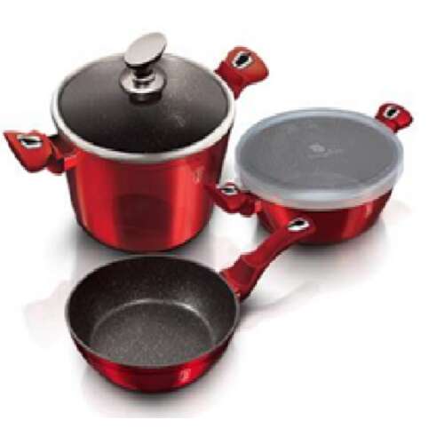 Berlinger Haus 5 piece cookware set with marble coating in Burgundy Line Collection, featuring a frying pan, saucepan with lid, low saucepan, and a plastic lid