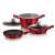 Berlinger Haus 5 piece cookware set with marble coating in Burgundy Line Collection, featuring a frying pan, saucepan with lid, low saucepan, and a plastic lid