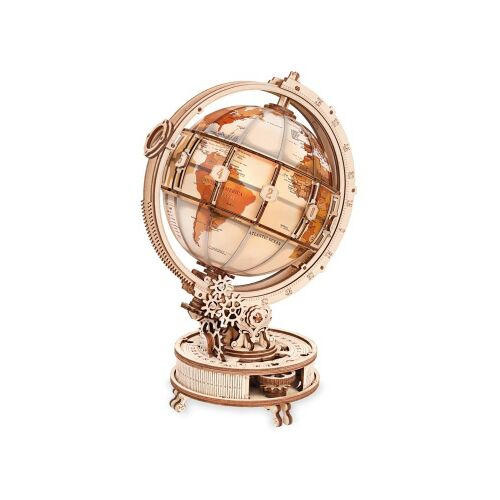 ROKR Világító Földgömb ST003 3D fa puzzle, összeszerelve, ferde nézet 
