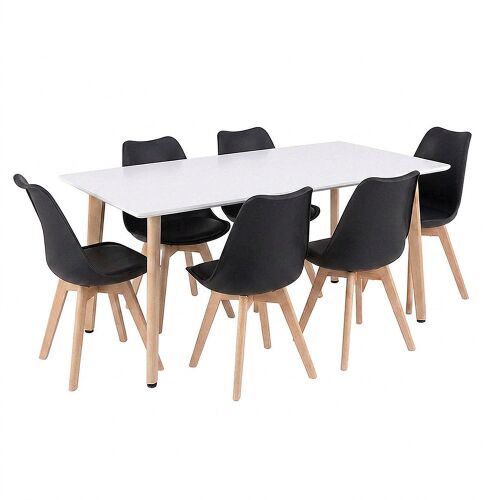 Silla 150 6+1 étkező garnitúra, fehér téglalap alakú asztal és 6 fekete szék, fehér háttér előtt, modern stílus - Étkezőgarnitúra