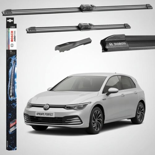 Bosch Aerotwin A863S első ablaktörlő lapátok VW Golf VIII-hoz, ablaktörlő szettet, Bosch logó közeli képét és egy ezüst VW Golf VIII autót mutatva. - Autóalkatrész