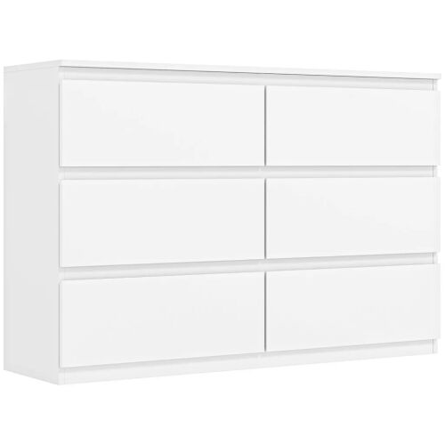HOMCOM 6 fiókos fehér komód elölnézete, bemutatva minimalista designját és sima, fogantyú nélküli fiókjait világos háttér előtt. - Komód