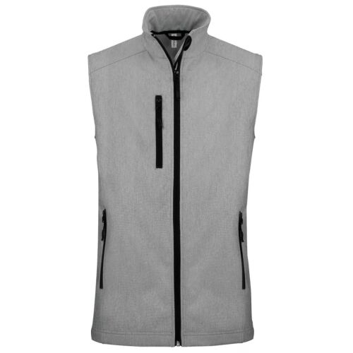 Kariban KA403 férfi softshell mellény elölnézete világosszürke színben, teljes cipzárral, három cipzáros zsebbel és állógallérral. - Férfi mellény