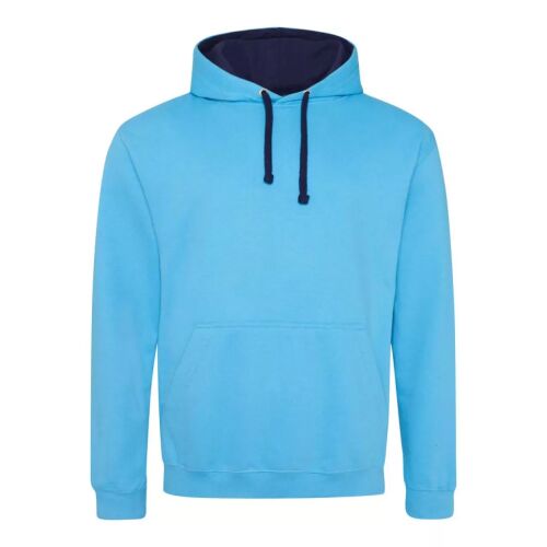 Just Hoods AWJH003 férfi varsity kapucnis pulóver világoskék színben, sötétkék kontrasztos kapucnival és hózózsinórral, előlről - Férfi pulóver