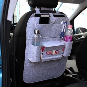 Szürke Háttámlavédő autós üléstámla szervező többféle zsebbel és rekesszel - Háttámla- és ülőfelületvédő