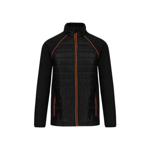 Designed To Work WK6147 uniszex hétköznapi dzseki, fekete, kétféle anyagból, elölnézet fehér háttérrel, steppelt testtel és softshell ujjakkal narancssárga cipzárral - Munkavédelem