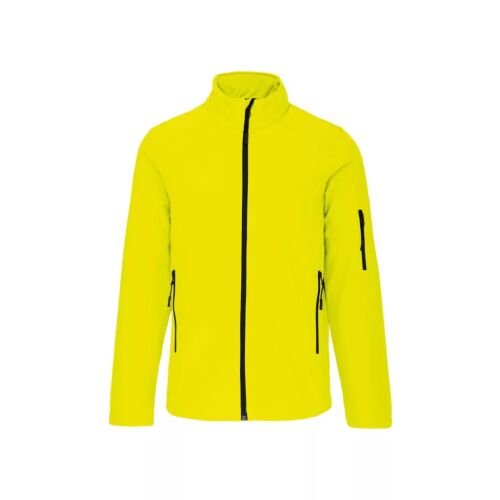 Kariban KA401 sárga férfi softshell kabát, elölnézet, teljes cipzárral és három cipzáros zsebbel. Ideális munkához vagy szabadtéri tevékenységekhez. - Férfiaknak
