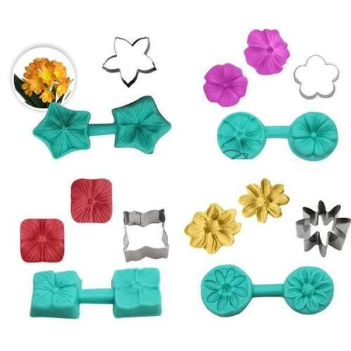 Fondant virág forma készlet, 4 különböző virág forma, petúnia, hortenzia, cseresznye virág, margaréta, szilikon formák, torta díszítő eszközök - Sütemény díszítő eszköz