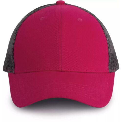 K-UP KP158 magenta és fekete hálós baseball sapka, elölnézet, pamut elülső panelek és sild, poliészter hálós hátul - Férfi baseball sapka