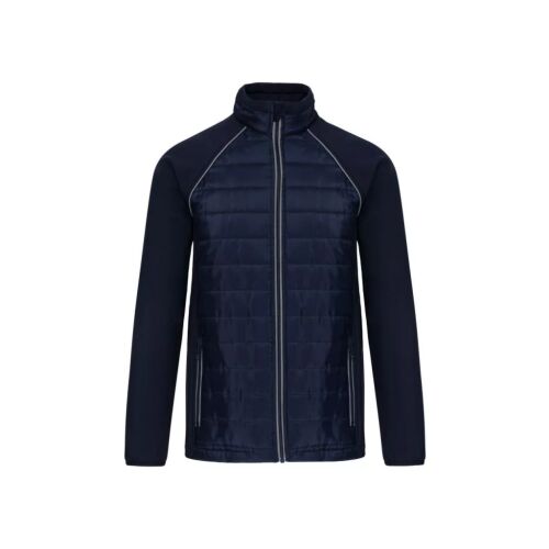 Designed To Work WK6147 uniszex hétköznapi dzseki, sötétkék színben, steppelt első résszel és softshell ujjakkal, teljes cipzárral, fehér háttér előtt - Munkakabát