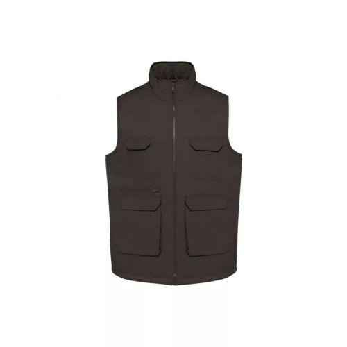 Designed To Work WK607 unisex bélelt többzsebes polikoton munkás mellény sötétzöld színben, elölnézetben, fehér háttéren izolálva, kiemelve a számos praktikus zsebet és a robusztus kialakítást. - Munkás mellény