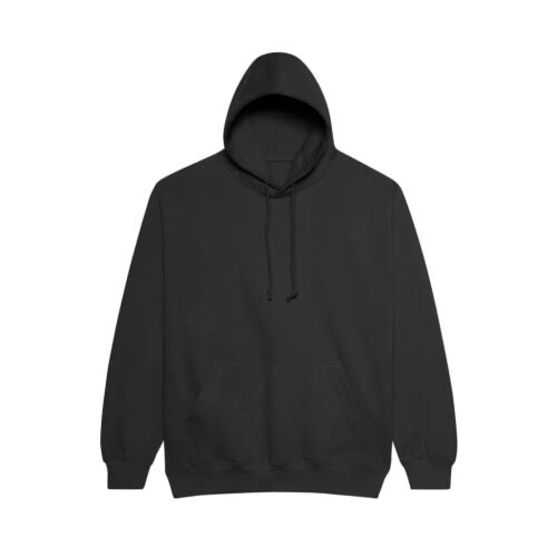 Egy sima fekete Just Hoods AWJH001 COLLEGE kapucnis pulóver elölről, szögből nézve, húzózsinórral és kenguruzsebbel, fehér háttér előtt - Férfi pulóver