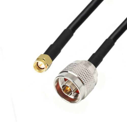 Antennakábel N dugó / SMA dugó RG58 15m, fekete koaxiális kábel ezüst N-típusú dugóval és arany SMA dugóval fehér háttéren - Antenna kábel
