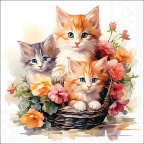 Cicás szalvéta - Kittens in basket dekoratív papírszalvéta, három imádnivaló kiscica kosárban, rózsaszín és narancssárga virágokkal körülvéve, tökéletes vidám terítékhez - Otthon és kert