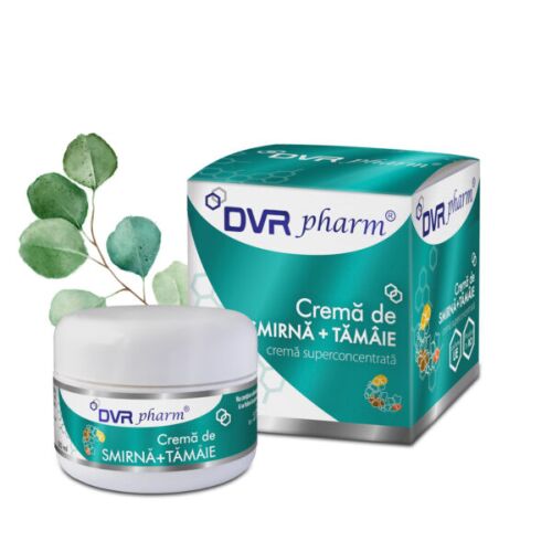DVR pharm MIRHA + FÜSTÖLŐ krém 50 ml tégely dobozával és eukaliptusz levelekkel, gyógynövény krém bőrápolásra, mirha és tömjén krém - Gyógynövény krém