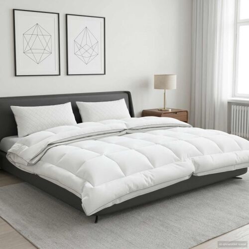 vidaXL TRIER 4 évszakos paplan 240x260 cm, fehér, 100% ausztrál gyapjú töltettel és 100% pamut borítással, ágyon elhelyezve modern hálószobai környezetben - Paplan