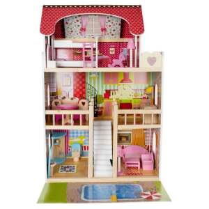 Large wooden dollhouse with pool, 3 floors, 5 rooms, pink and white color scheme, detailed design - Dollhouse
