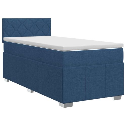 vidaXL kék boxspring ágy matraccal és fejtámlával, 90x200 cm, szövet, döntött nézet fehér háttéren 