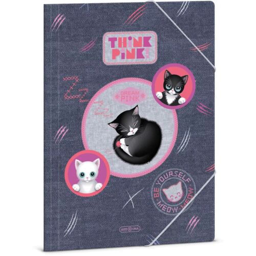 Think Pink A4 cicás gumis mappa az Ars Una-tól, farmerhatású dizájnnal, alvó és játékos cicákkal illusztrálva, fehér gumis zárópánttal - Gumis mappa
