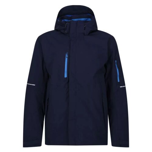Regatta RETRW511 X-PRO EXOSPHERE II TECHNIKAI STRETCH KABÁT elölnézetből, sötétkék férfi technikai sztreccs kabát kék cipzárakkal és kapucnival, alkalmas igényes időjárási körülményekhez. - Férfi kabát