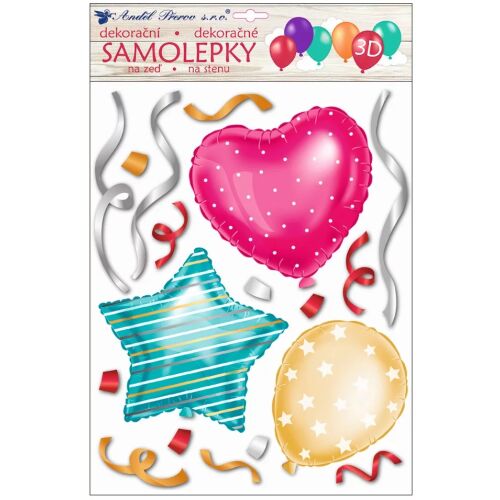 Matrica 3D party falmatrica rózsaszín szív, kék csillag és sárga kerek lufikkal party dekorációhoz, Andel Prerov - Tapéta
