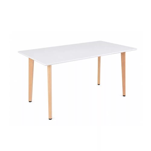 Silla 120 cm fehér szögletes étkezőasztal természetes fa színű lábakkal, sima fehér háttéren, háromnegyedes nézetben. - Étkezőasztal