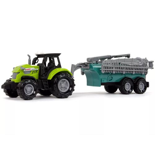 Mezőgazdasági traktor permetezővel Farm Sound Green játék traktor permetezővel, szögből nézve, fehér háttéren - Munkagép gyerekeknek