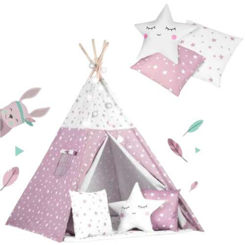 Nukido gyeremek Indián sátor, fényfüzérrel és kiegészítőkkel - Csillag #rózsaszín-fehér