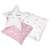 Three pink and white star patterned pillows, one with a star face, for a kids teepee
