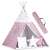 Pink and white star patterned kids teepee with lights, pillows, and a mat, folded in a carrying case