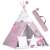 Pink and white star patterned kids teepee with lights, pillows, and a mat, with a carrying case