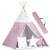 Pink and white star patterned kids teepee with lights, pillows, and a mat, folded in a carrying case