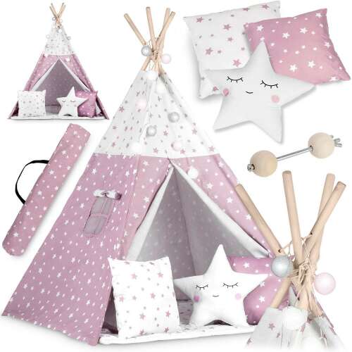 Nukido Kids Teepee Tent Collage - Pink and White Star Design with Accessories