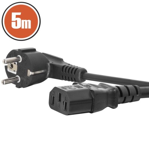 tápkábel IEC C13 Schuko csatlakozóhoz, 5 m, 16 A, 250 V, 90°-os szög, fekete