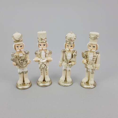 Set de 4 figurine spărgător de nuci albe și aurii, fiecare cântând la un instrument diferit