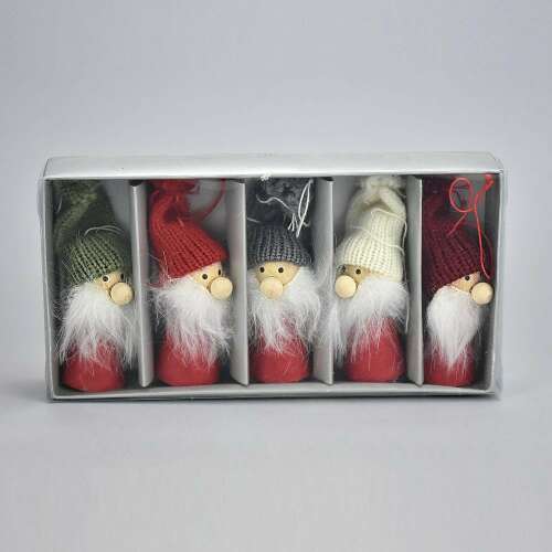 Set of 5 knitted gnome Christmas tree ornaments, red and white, 2.5x8cm
