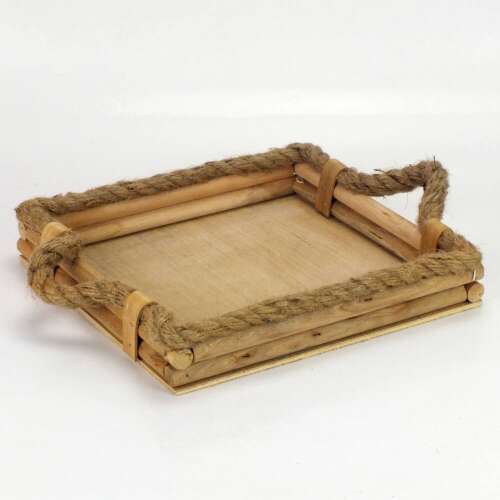 Square wooden tray with rope handles, decorative tray for home decor