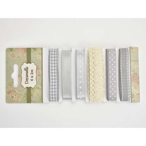 Decorolla 6 x 2m grey ribbon set, includes gingham, satin, lace, and polka dot ribbons