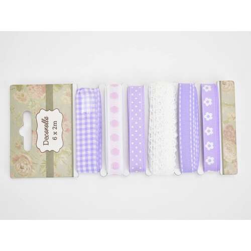Set of 6 decorative ribbons in lilac shades, including gingham, polka dot, lace, and floral patterns, each ribbon is 2 meters long